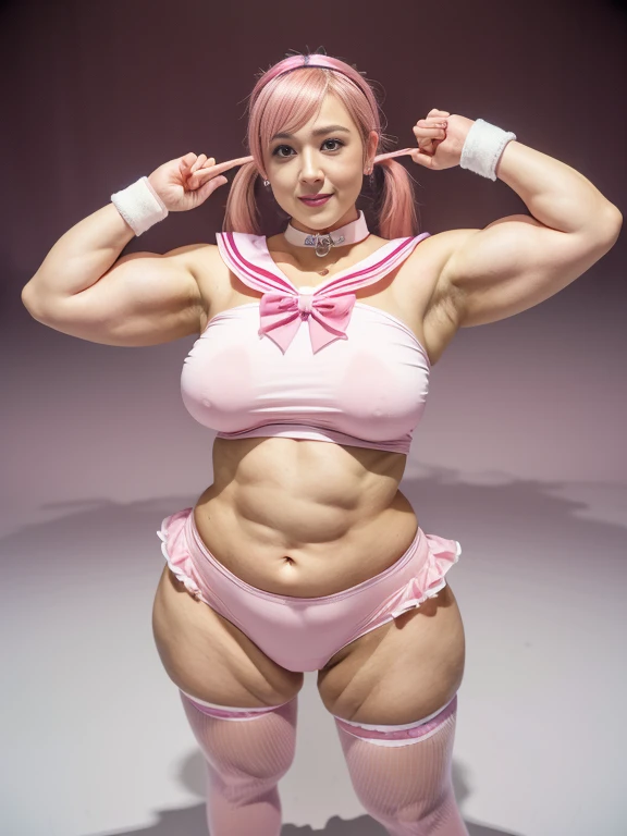 ((Great quality,Great quality,high quality, very beautiful,beautiful, 最high quality, Realistic)), ((volumey pink hair)),Low - Angle,((Magical girl)),,Short sideburns,Forehead, Long twintail, ((Pink sailor collar)), (under boob),Strong legs, {Pink knee socks}, Frilled knee socks,Detailed body,photograph,Shadow,3D, {{pink elbow_gloves)),{Tight leotards}, {Covered navel},Pink and white outfit,{marching band},Rhythmic,texture,Magical Effects,Idol Pose,smile,{Navel exposed}, View your viewers, ((Transform your clothes, dance,thank you, 最high quality, Great quality, very beautiful, Absurd))、(Perfect beautiful face 1.2),(anger),Flushed Cheeks,Heavy breathing,(Perfect and beautiful posture:1.2),(40 year old beautiful Japanese woman),(Mature Woman),(face with makeup),bodybuilder,((Huge breasts)),Big Ass, (thick muscular body),(Embarrassed face),(Sweating all over the body:1.2),(Excessive sweating from the armpits:1.3),超高解像度のphotograph,Looking at the camera,(Stand facing forward),(full body),