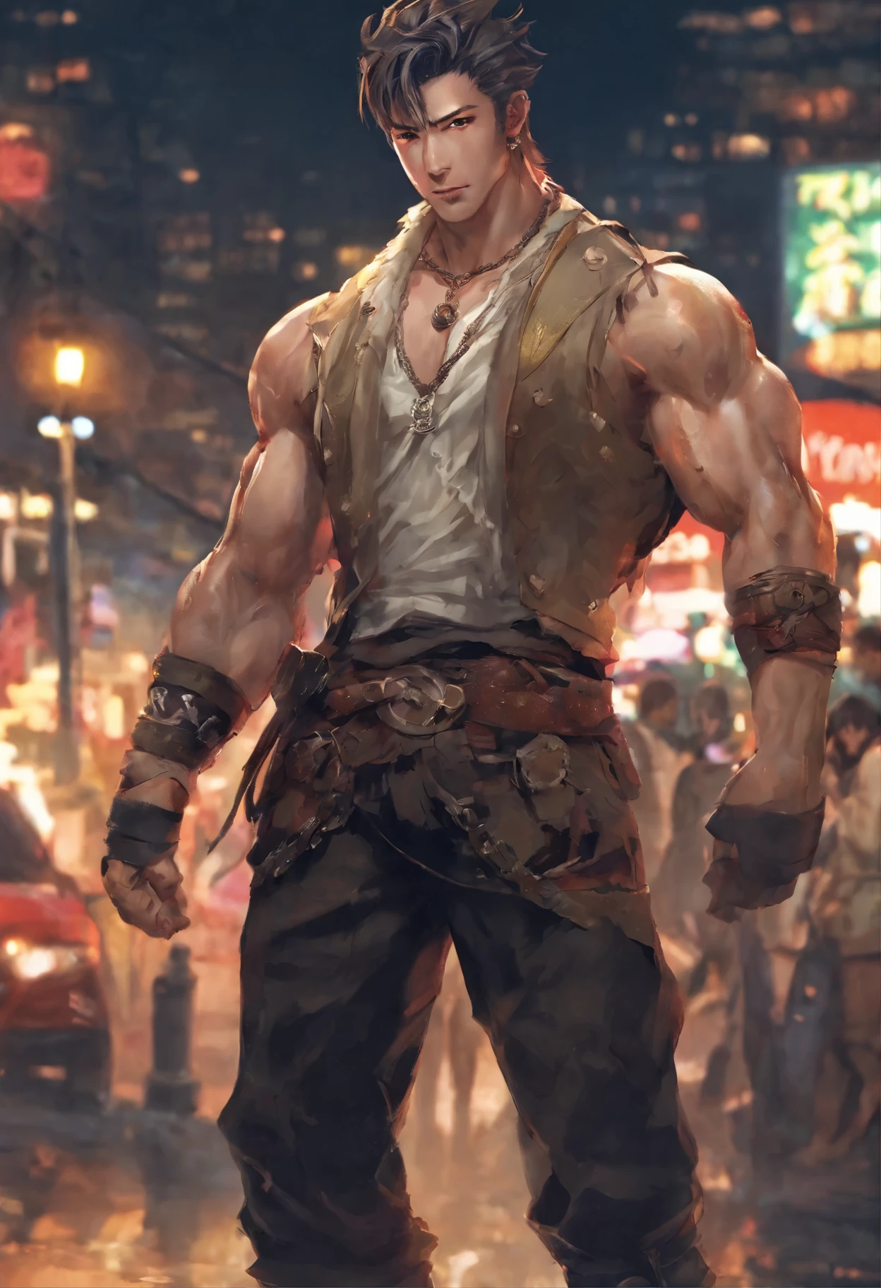 8K, masutepiece, Raw photography, Best Quality, Photorealistic, Highly detailed CG Unity 8K wallpapers, depth of fields, Cinematic Light, Lens Flare, Ray tracing, (Very beautiful and charismatic face, Beautiful lips, Beautiful eyes), intricately detailed face, (Ultra detailed skin), 1 man, In nature, In the deep shadows, Beautiful European Man, Kpop Idol, 1 male, (very strong and muscular body:1.3), (looking at audience), (Great determined appearance) :1.3), (Sleeveless), (Fashion City Night, a dark night, neon signs, Blurred background), Fashion Street Night, (The person behind々:1.3), Beautiful earrings, Bracelets, Necklace, pantyhose, Clear eyes, Walking, (pale skin), (Big eyes), Face forward, (upperbody shot), (loose-fitting clothes:1.3), (Brown hair), (Bosch Clothing, (Transparent), (looking at audience:1.3) Very strong ,, back turned, (Back shot), Transparent, Medium hip.