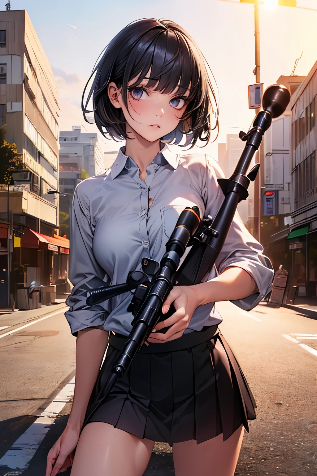 (((Woman firing an automatic rifle:1.5、excluding sight,A detailed depiction of an automatic rifle:1.7))),Synchronize your gaze and body direction、(((perfect anatomy:1.4,realistic:1.4,RAW Photography:1.4,masterpiece、highest quality、Ultra - High resolution、High resolution、Highly detailed CG、8K))),cowboy shot,1 female,solo、18 year old beauty,Japanese,((beautiful detailed face and eyes:1.3,big gorgeous eyes:1.3,gray eyes)),black hair,short bob hair,blunt bangs,blush,(medium breasts,slender body,small head:1.3,skinny),(gleaming skin:1.4,oily skin,shiny skin),(Female Soldier、White collared shirt、Pleated black hooting position:1.5,High-rise building rooftop、at night、moonlight,