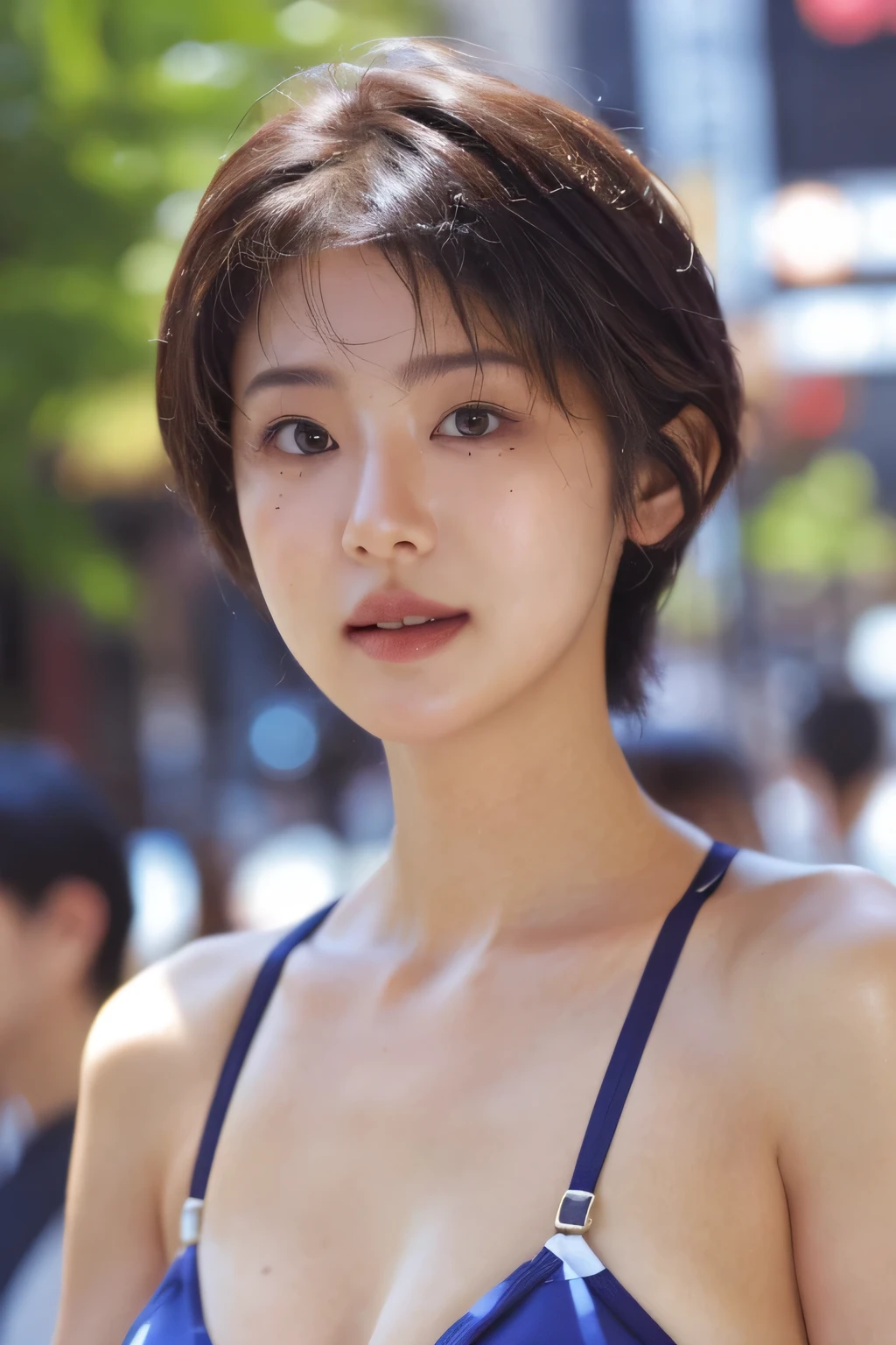 NSFW:1.5,((highest quality、8k resolution、Master Masterpiece、Portraiture:1.3)), Photorealistic, 35mm Film, 1 Japanese female, Upper Body、On the street during the day, Wrinkles around the eyes、Pixie Cut_boyish,Voluptuous body、Cleavage、smile,((bikini:1.3)) , (Outdoor:city street 1.3), Jumbled background,Look at the audience,Tokyo cityscape:1.3,Shut your mouth.