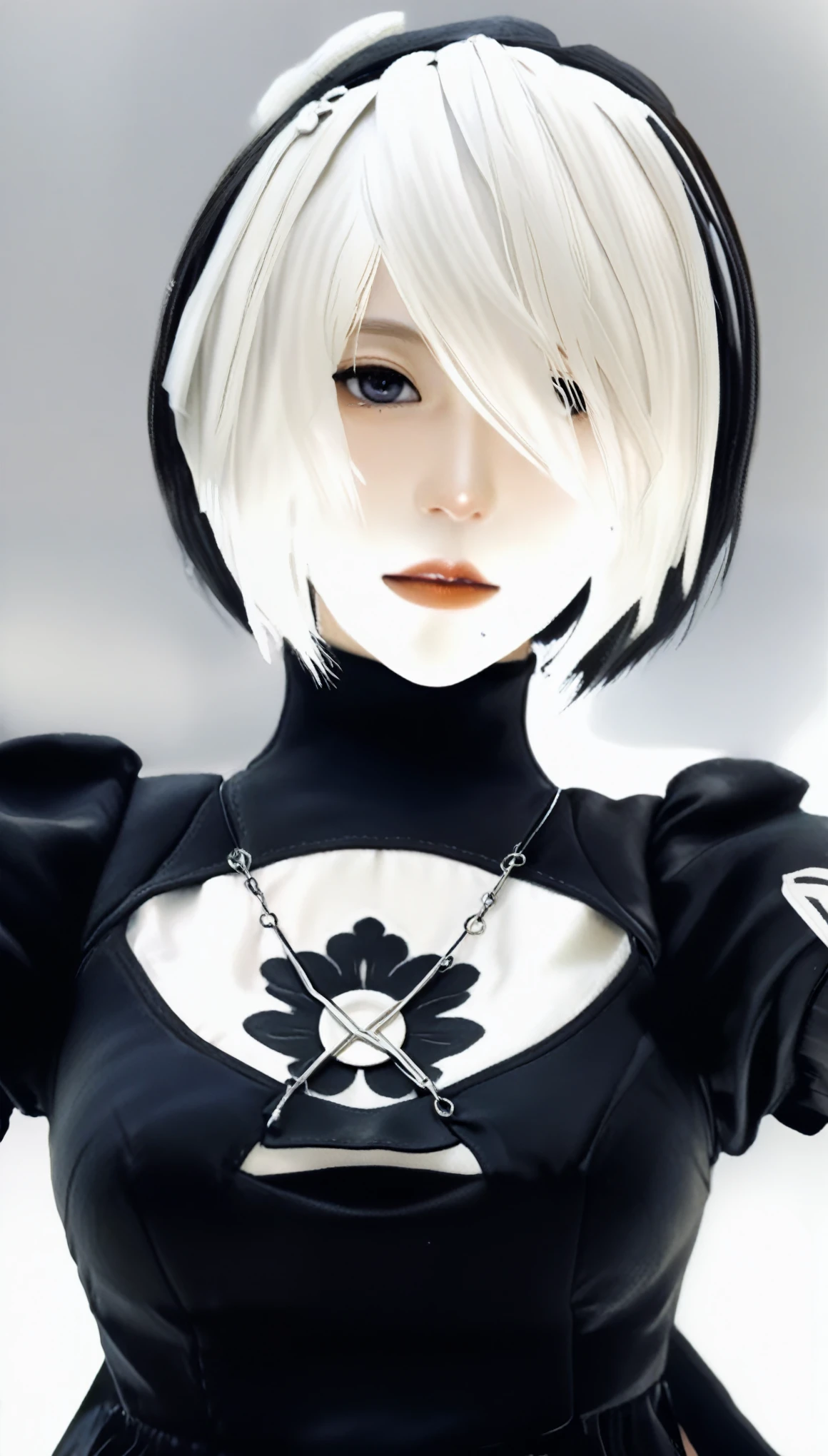 RealのSelfie、nier:Beautiful cosplay of 2B from Automata、2B takes a selfie、2Bのコスプレをした女性のSelfie、White skin、tall、Great style、Big Breasts、Small face、Small head、High nose、Beautiful Face、30 years old、British women、Half British、nier:2B&#39;s black costume from Automata、Stylish background、Light background、Blur the background、Fantasyな都市を背景に、peace sign、((2BのSelfie))、((Focus Zoom))、((Face Enhancement))、Shooting from a diagonal angle、masterpiece、highest quality、high resolution、コスプレイヤーのSelfie、Selfie、Professional Photoodel、Fantasy、Glaring at the audience、Angry expression、Cosplay Makeup、Real Cosplay Photo、Cool and beautiful photos、Wrapped in a pale white glow、good looking