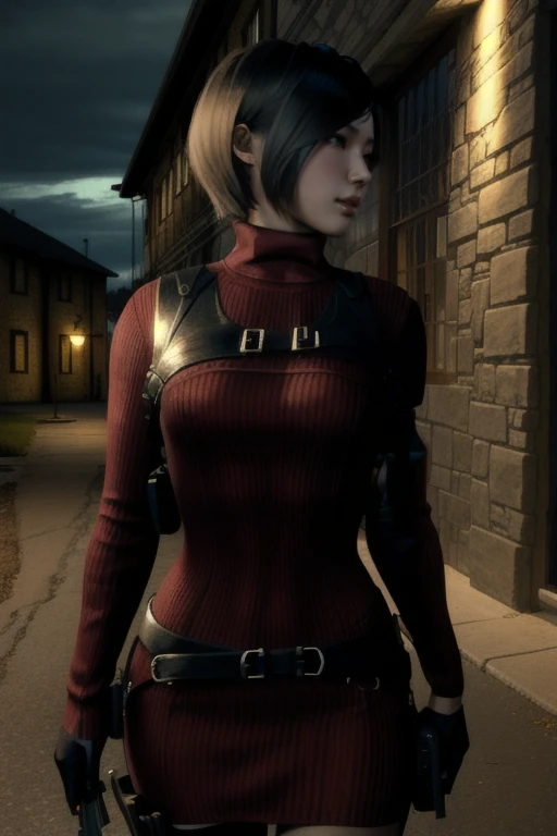 (masterpiece, best quality:1.4), insaneres, absurdres, solo, looking at viewer,BREAK GAME_ResidentEvil4Remake_AdaWong_ownwaifu, 1girl, asian, black hair, short hair, brown eyes, lips, bangs, large breasts, red lips, makeup, lipstick, sweater, dress, gloves, holster, shoulder holster, black gloves, turtleneck, turtleneck sweater, sweater dress, ribbed sweater, long sleeves, harness, belt, holding gun, red sweater, red dress, (contrapposto, hand on hip), night time, sidelighting, outdoors, depth of field, holding a gun