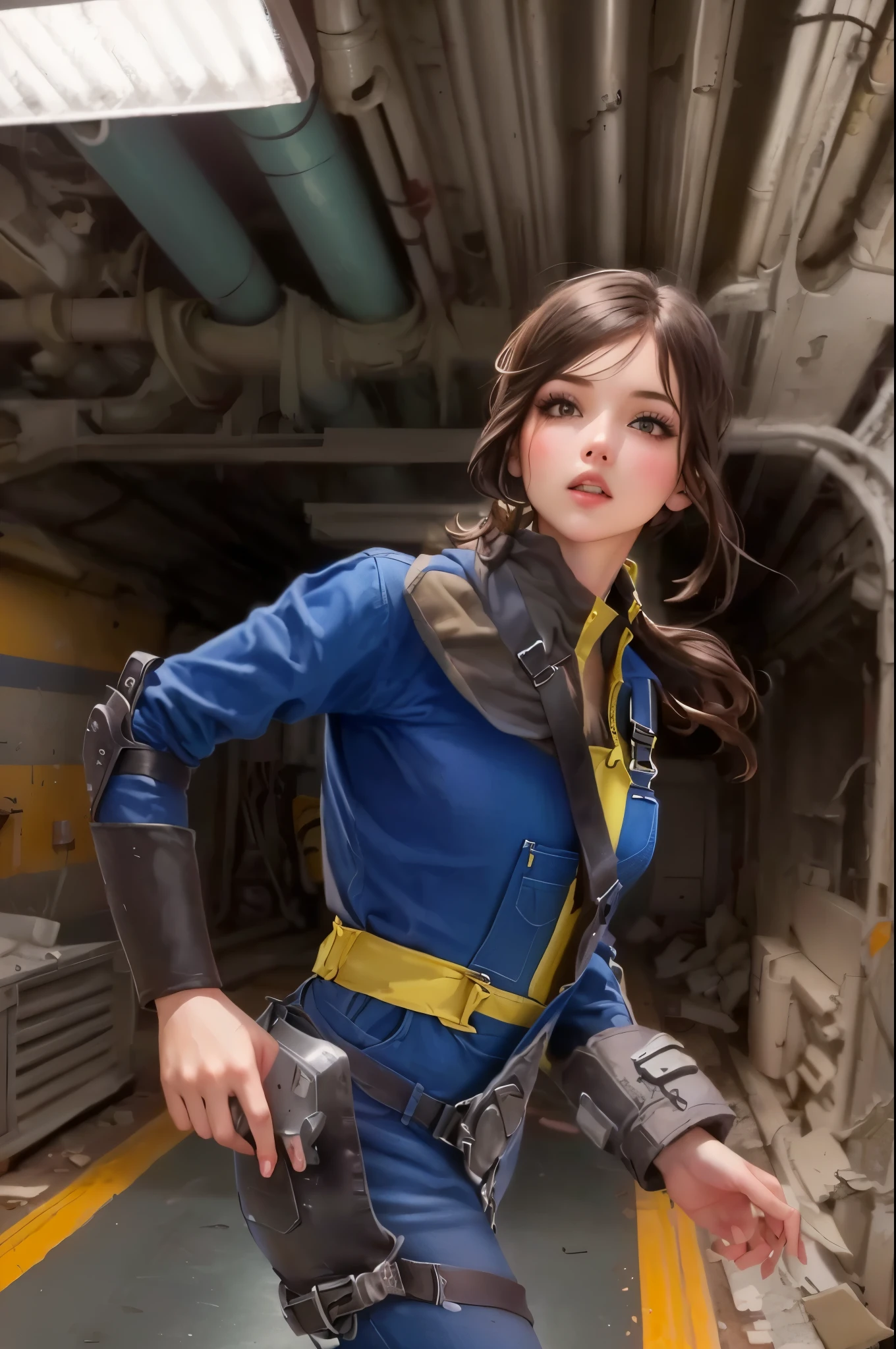 Fallout show blue overalls girl, background crash