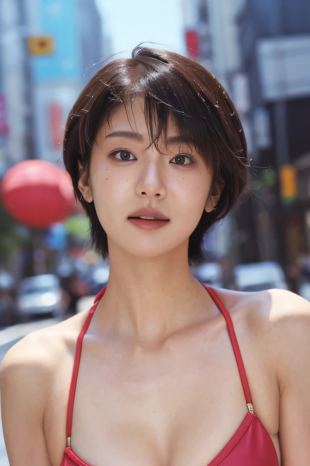 NSFW:1.5,((highest quality、8k resolution、Master Masterpiece、Portraiture:1.3)), Photorealistic, 35mm Film, 1 Japanese female, Upper Body、On the street during the day, Wrinkles around the eyes、Pixie Cut_boyish,Voluptuous body、Cleavage、smile,((bikini:1.3)) , (Outdoor:city street 1.3), Jumbled background,Look at the audience,Tokyo cityscape:1.3,Shut your mouth.