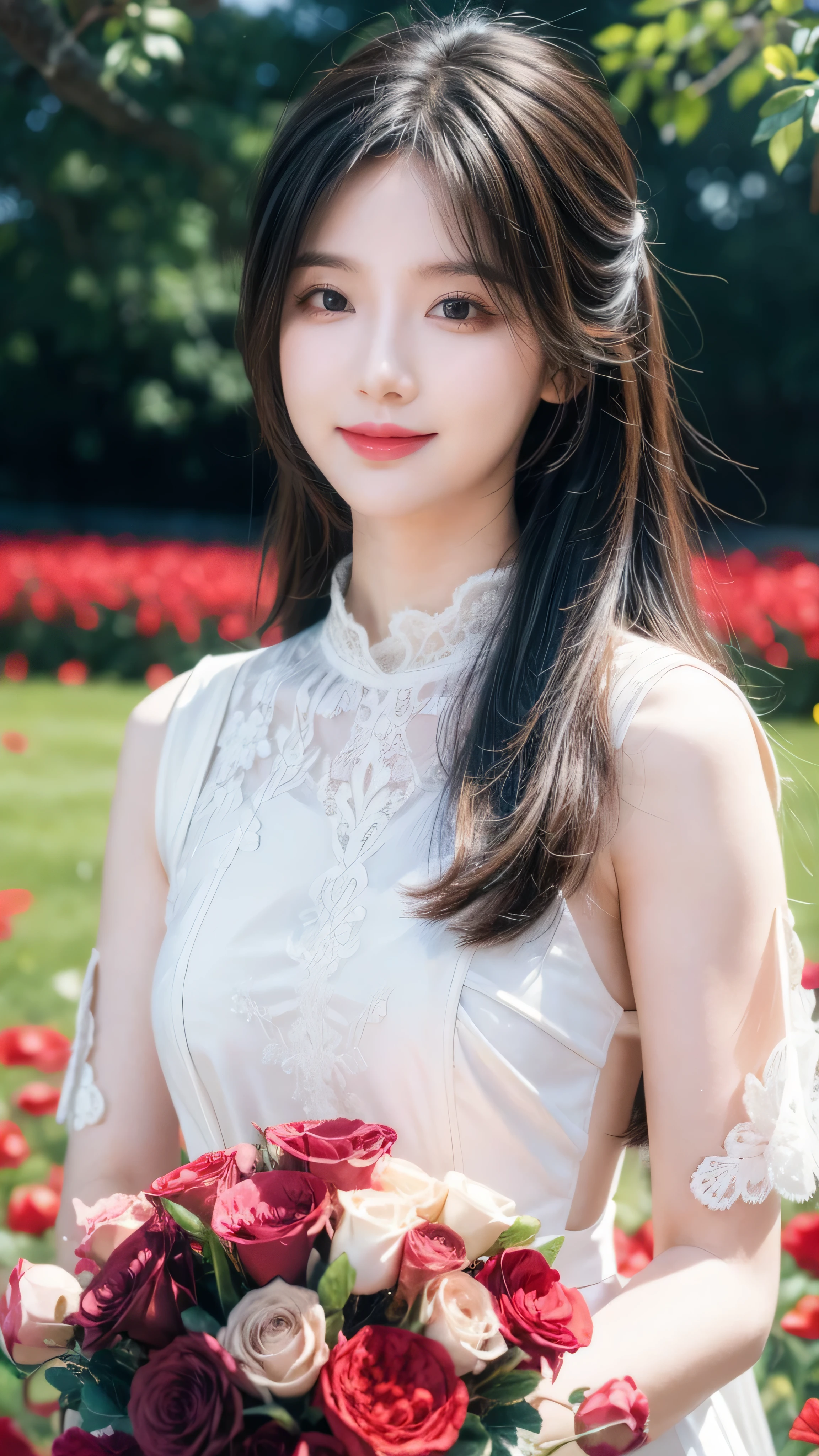vista, panoramic, view, Depth of Field, Break, Upper Body, Movie Angle, masterpiece, best quality, Super detailed, CG, 8k wallpaper, Pretty Face, Delicateeyes, one girl, Solitary, Smile, Silver Hair, Golden Eyes, White skin, Hair, red scarf, White evening dress, Rose Field, Red flowers, Rose, Flower Field, petal, Flying petal, Smile