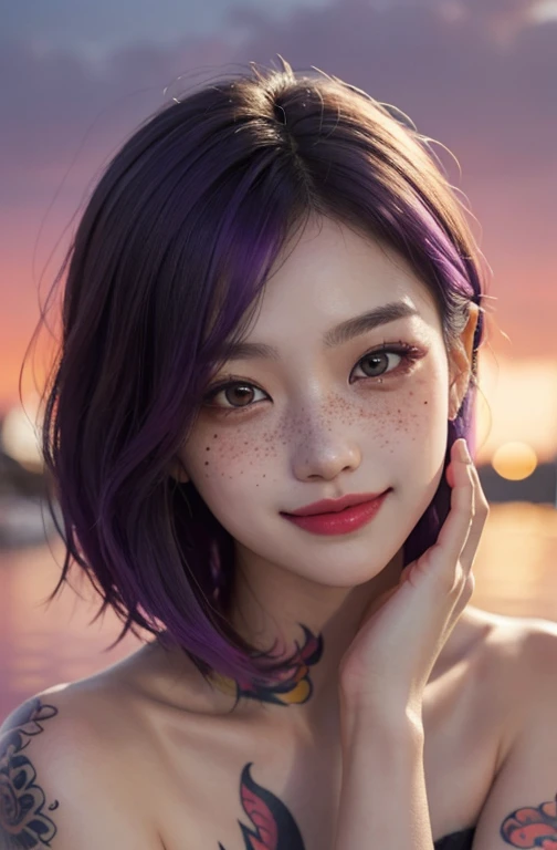 1 girl, 23 years old, south korean, idol, masterpiece, perfect face, soft skin, freckles under eyes, short whavy purple hair, bob hair, shining purple eyes, red eyeliners, red lips, tattoo in neck, big smile, closed mouth, touching cheeck, natural makeup, soft lighting, bright colors, sunset background, face focus, face closeup.