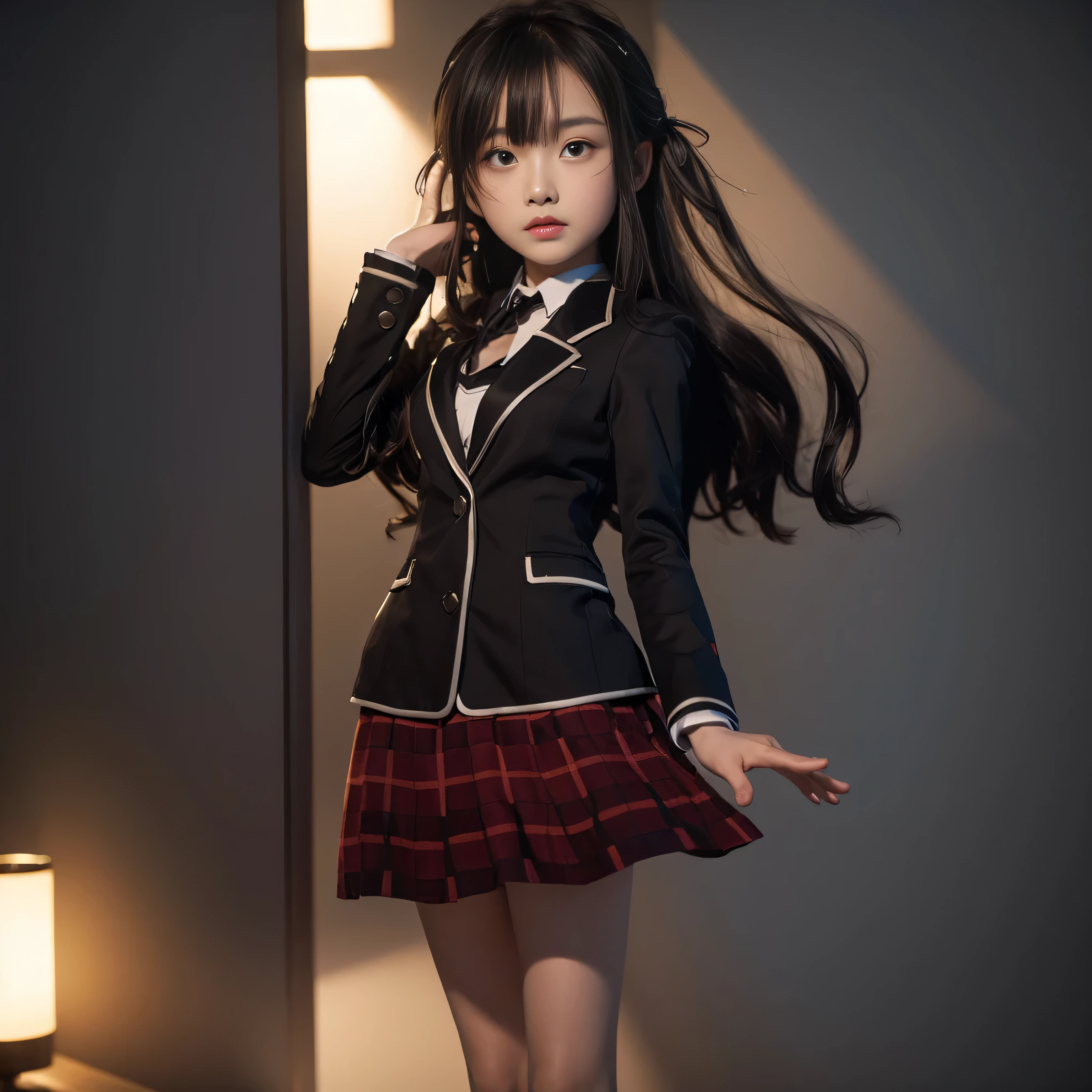 photorealistic, detailed, 1 girl, , bangs, transparent brilliant sparkle eyes, smile, white shirt, red tie, black vest, red short skirt,     