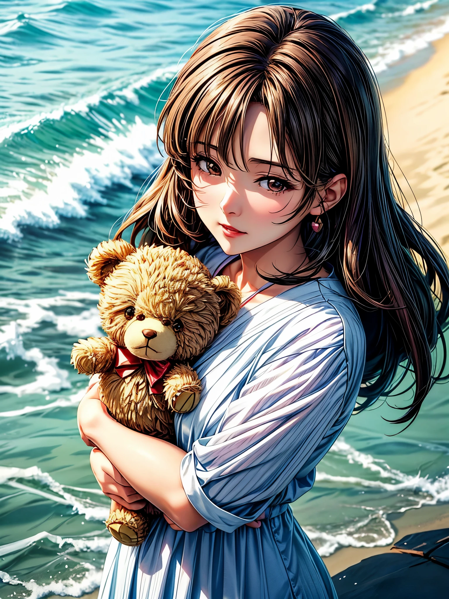 A woman hugs a teddy bear on the beach, Kawaii realistic portrait, Cute anime girl, Anime visuals of cute girls, Smooth anime CG art, Artwork in the style of Guweiz, portrait of Cute anime girl, Lovely portrait, Beautiful anime portrait, Beautiful anime girl, Cute anime girl portrait, Realistic anime 3D style