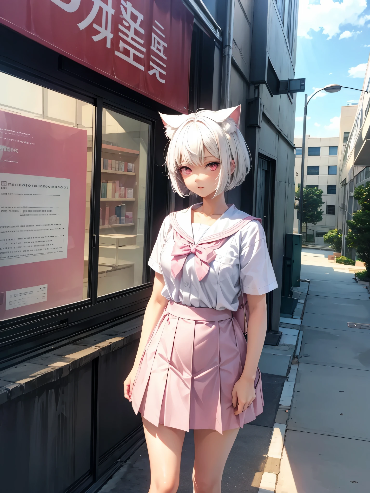 White hair. Short hair. 2-tone hair. anime girl. Pink eyes. Nekomimi. . Seifuku. At school. Study.