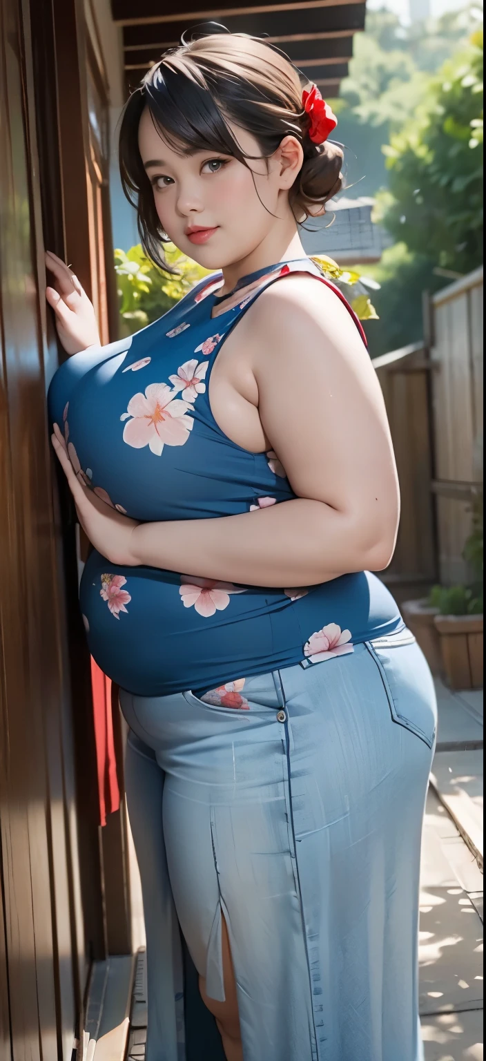 ((medium shot the scene is，A full body))1 girl, Obese body, generous dimensions, face round, double chin, Overweight,Short hair tied up ,Sleeveless blue and red floral shirt，Highlight the breasts，Put her weight on her stomach，looks into camera，Country garden background，ssmile，