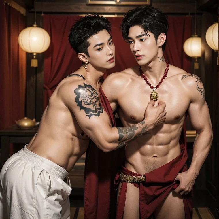 Two  handsome boys kissing, smiling at each other, catching eyes ,hugging, kissing, touching lips, cuddle, romantic,skin ship, Chinese Men God, Mythology, realistic, Chinese odyssy, super Handsome,manly,  kpop idol, handsome korean actor, 20 years old,, detailed face, manly jawline, detailed mess curly styling hair,  Topless, Muscles, big breast Athlete body, Full Frame,full body shoots, Sexy, realistic, human skin, tattoo breast, Professional studio Lighting, long red tibet wedding Outfit, jade and golden pendent all over , detailed jewery in dress, earings,Chinese ancient wedding Background,out door, super detailed background,look at camera ,  open mouth, sexy Underneathe Underwear, tibet Warrior, Hanfu  red wedding dress,  tibet Male, tibet Nobel, Seduce , bare chest , tattoo chest, tattoo arms, tattoo hands, tattoo back, tattoo legs , detailed tattoos, big juicy butts, bare butts