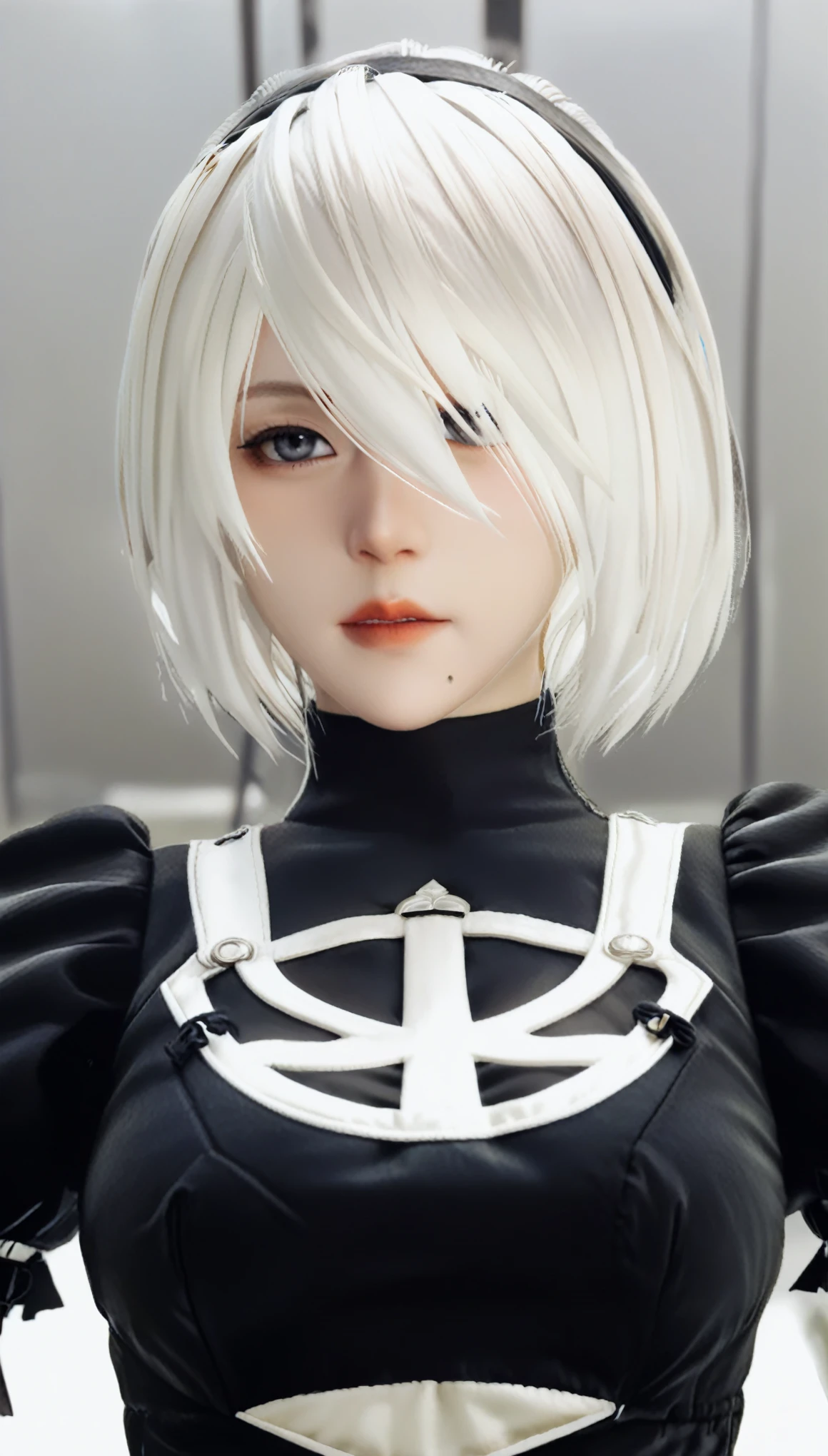 RealのSelfie、nier:Beautiful cosplay of 2B from Automata、2B takes a selfie、2Bのコスプレをした女性のSelfie、White skin、tall、Great style、Big Breasts、Small face、Small head、High nose、Beautiful Face、30 years old、British women、Half British、nier:2B&#39;s black costume from Automata、Stylish background、Light background、Blur the background、Fantasyな都市を背景に、peace sign、((2BのSelfie))、((Focus Zoom))、((Face Enhancement))、Shooting from a diagonal angle、masterpiece、highest quality、high resolution、コスプレイヤーのSelfie、Selfie、Professional Photoodel、Fantasy、Glaring at the audience、Angry expression、Cosplay Makeup、Real Cosplay Photo、Cool and beautiful photos、Wrapped in a pale white glow、good looking