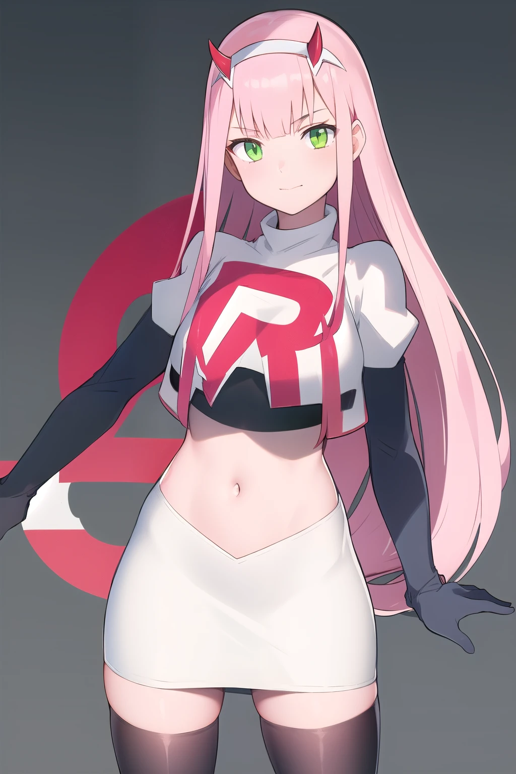 zero two \(darling in the franxx\), darling in the franxx, 1girl, bangs, green eyes, hairband, horns, long hair, looking at viewer, oni horns, pink hair, red horns, solo, team rocket,team rocket uniform,white skirt,red letter R,crop top,black thigh-highs,black elbow gloves, white hairband, ((masterpiece))