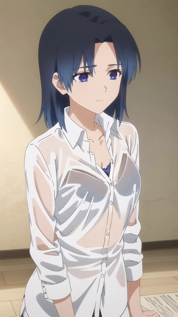 alone, One girl, View your viewers, 2D, anime, anime coloring, cowboy shot, Blue Hair, Short Hair, Pure white camisole, (Pure white lace panties), medium breast, Crying face
