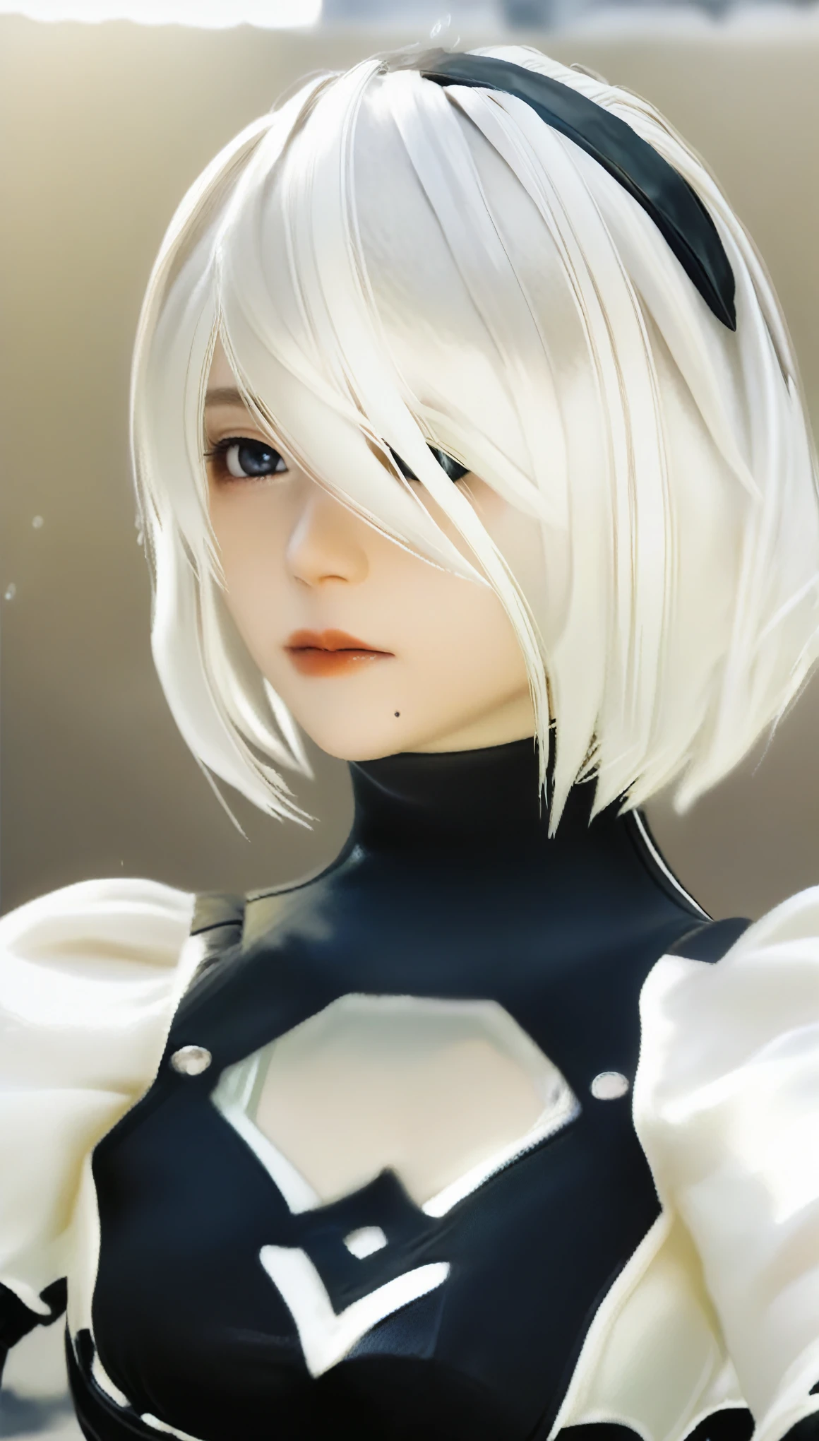 RealのSelfie、nier:Beautiful cosplay of 2B from Automata、2B takes a selfie、2Bのコスプレをした女性のSelfie、White skin、tall、Great style、Big Breasts、Small face、Small head、High nose、Beautiful Face、30 years old、British women、Half British、nier:2B&#39;s black costume from Automata、Stylish background、Light background、Blur the background、Fantasyな都市を背景に、peace sign、((2BのSelfie))、((Focus Zoom))、((Face Enhancement))、Shooting from a diagonal angle、masterpiece、highest quality、high resolution、コスプレイヤーのSelfie、Selfie、Professional Photoodel、Fantasy、Glaring at the audience、Angry expression、Cosplay Makeup、Real Cosplay Photo、Cool and beautiful photos、Wrapped in a pale white glow、good looking