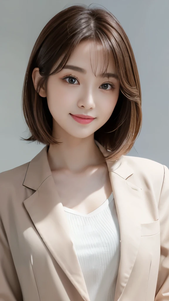 (Very detailedな CG Unity 8k 壁紙, highest quality, Very detailed, Looking at the camera:1.2, The light shines on your face:1.5, Gray background, Professional Lighting), Japan female, 26 years old, Upper body composition with brightly lit face. She has an oval face, Soft arched eyebrows, bright expressive eyes,, pronounced nose, And a friendly smile. Her hair is shoulder-length, straight, Dyed a light chestnut color. She is wearing a smart casual blouse, Probably soft colors, Paired with a chic blazer, Embody her lively and sociable personality