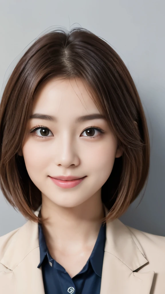 (Very detailedな CG Unity 8k 壁紙, highest quality, Very detailed, Looking at the camera:1.2, The light shines on your face:1.5, Gray background, Professional Lighting), Japan female, 26 years old, Upper body composition with brightly lit face. She has an oval face, Soft arched eyebrows, bright expressive eyes,, pronounced nose, And a friendly smile. Her hair is shoulder-length, straight, Dyed a light chestnut color. She is wearing a smart casual blouse, Probably soft colors, Paired with a chic blazer, Embody her lively and sociable personality