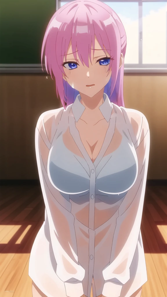 masterpiece, high quality, 8k, Beautiful lighting,sunny day, 1 girl, alone, Miyako Shikimori, ,((White Shirt)),,((Close ~ eyes:1.5)),((Open your mouth:1.5)), ((Wet clothes)),,Close ~ eyes,,(((White panties))), ((Upper Body)),(slender thighs),See-through bra,Detailed face,,,Lie on the classroom floor,