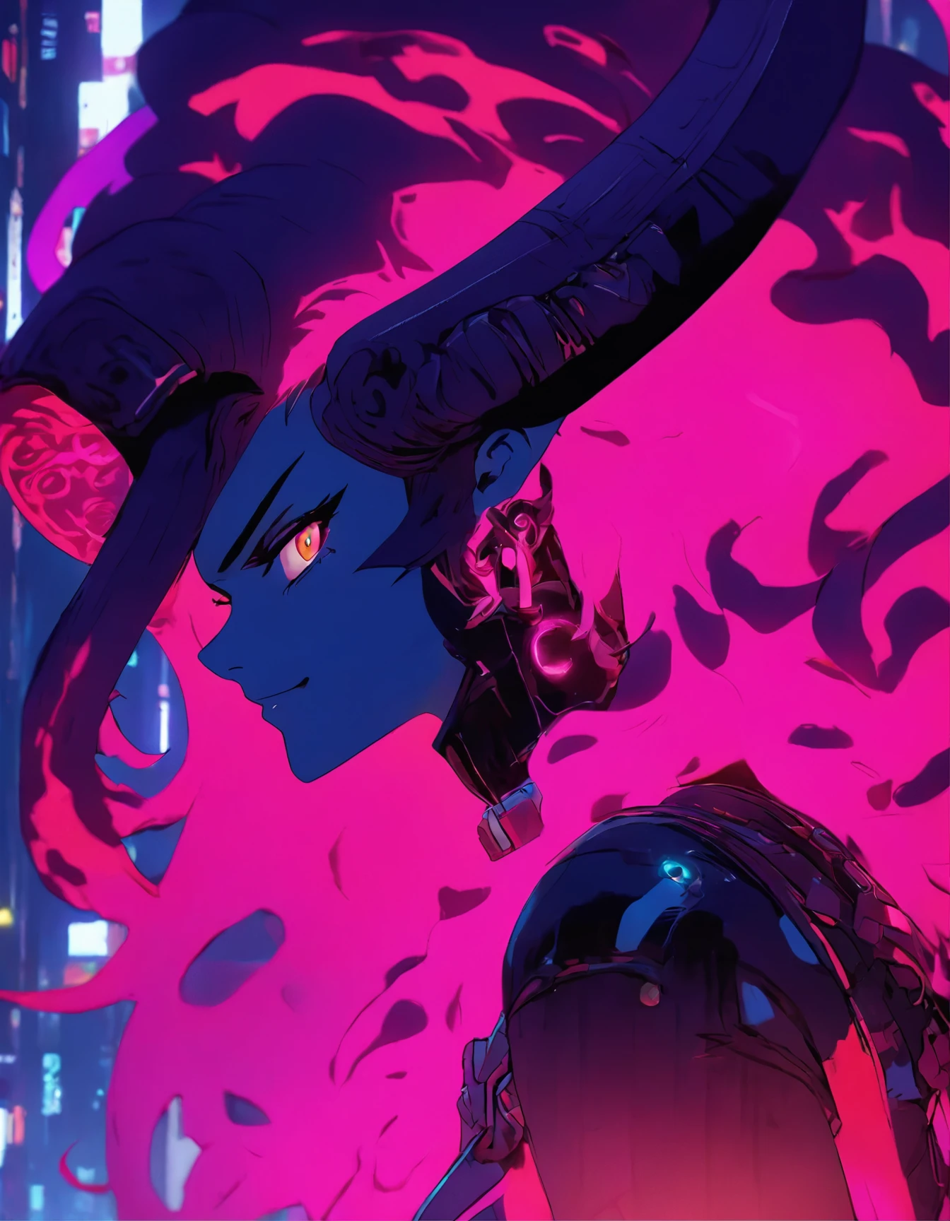 a woman with long hair and a pink light in her hand, cyberpunk art by Kieran Yanner, Artstation, conceptual art, tiefling, demon girl, beautiful succubus, nocturne from league of legends, demon woman, tiefling from d & d, portrait of a female demon, demonic creature, widowmaker's former lover, dark demonic dancer