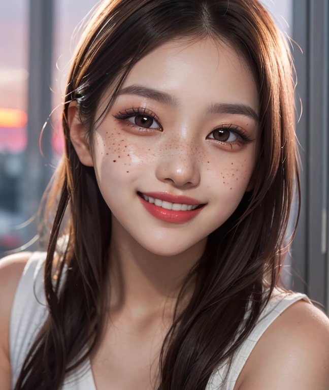 1 girl, 23 years old, south korean, idol, masterpiece, perfect face, soft skin, freckles under eyes, long whavy brown hair, shining bright purple eyes, red eyeliners, red lips, big smile, closed mouth, touching cheeck, natural makeup, soft lighting, bright colors, sunset background, face focus, face closeup.