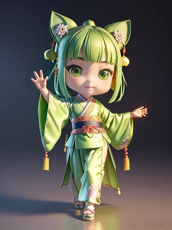 超级cute的女孩全身 3D 绘图,1,Cat ears,Nice eyes,big eyes,cute,having fun,C4D,pop Matt blind box,,Glowing bubbles,Toy,Solid color background,Qibi,Fluorescence transmission,illuminator, Kawaii,baby,(((Ancient Chinese Clothing,Green Hanfu))),Reference table,Pop Mart Blind Box,Pixar Productions,Intricate details,3D Rendering,Blender,OC Renderer,FOL body Reference table,Slobber,High Detail,8k,Studio Lighting,,,,Qibi , SD characters:1.1,Clean background