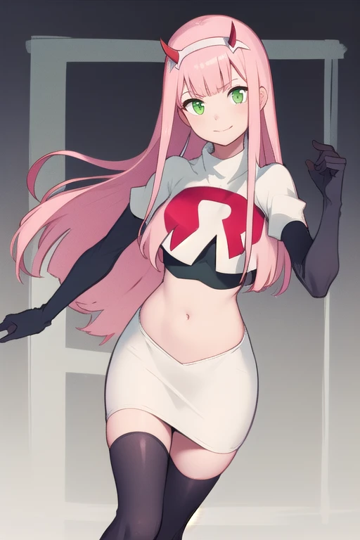 zero two \(darling in the franxx\), darling in the franxx, 1girl, bangs, green eyes, hairband, horns, long hair, looking at viewer, oni horns, pink hair, red horns, solo, team rocket,team rocket uniform,white skirt,red letter R,crop top,black thigh-highs,black elbow gloves, white hairband, ((masterpiece))