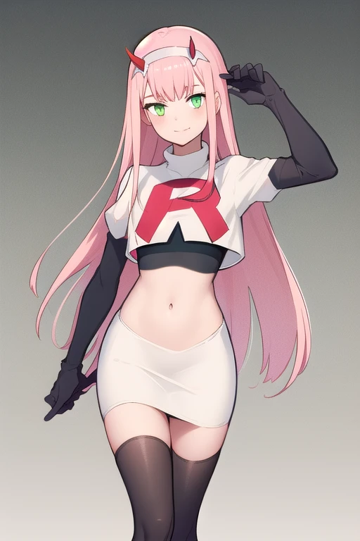 zero two \(darling in the franxx\), darling in the franxx, 1girl, bangs, green eyes, hairband, horns, long hair, looking at viewer, oni horns, pink hair, red horns, solo, team rocket,team rocket uniform,white skirt,red letter R,crop top,black thigh-highs,black elbow gloves, white hairband, ((masterpiece))