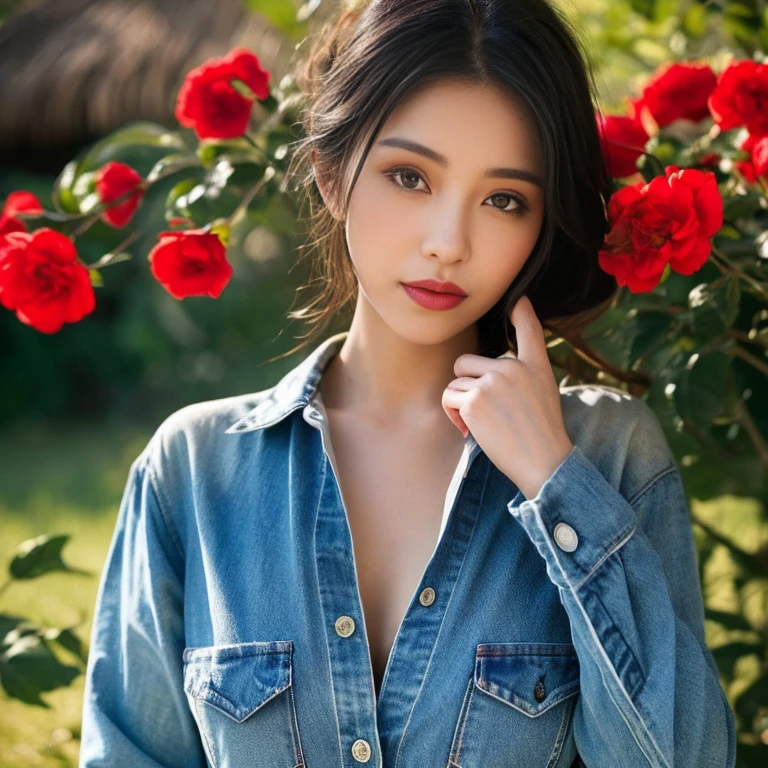 ((best quality, 8k, Masterpiece :1.3)), Clear face focus :1.2, sexy,Huge breasts bouncing and overflowing.,) Wearing old ripped jeans,) Wear a brightly colored tight-fitting, dark red, dark blue, shirt.,) Korean style, girl style. Long hair blows up with the force of the wind.,)  White tattoo 25 years. perfect body beauty:1.4. In front of the camera. More intimate. clearer than this, countryside,) There is an old, thatched hut.,) There are red flowers around.,) Sunlight shines brightly in the evening, the sun is about to set, glistening °Full Body°, Highly detailed faces and textures, Detailed eyes,  alone, Realistic photos:1.37 .. The fine texture of the tattooed skin.. hand tattoo. breasts tattoo , Shot with a high quality Fuji camera., Color light 45.,000,000 pixels ,)) Too realistic,) 