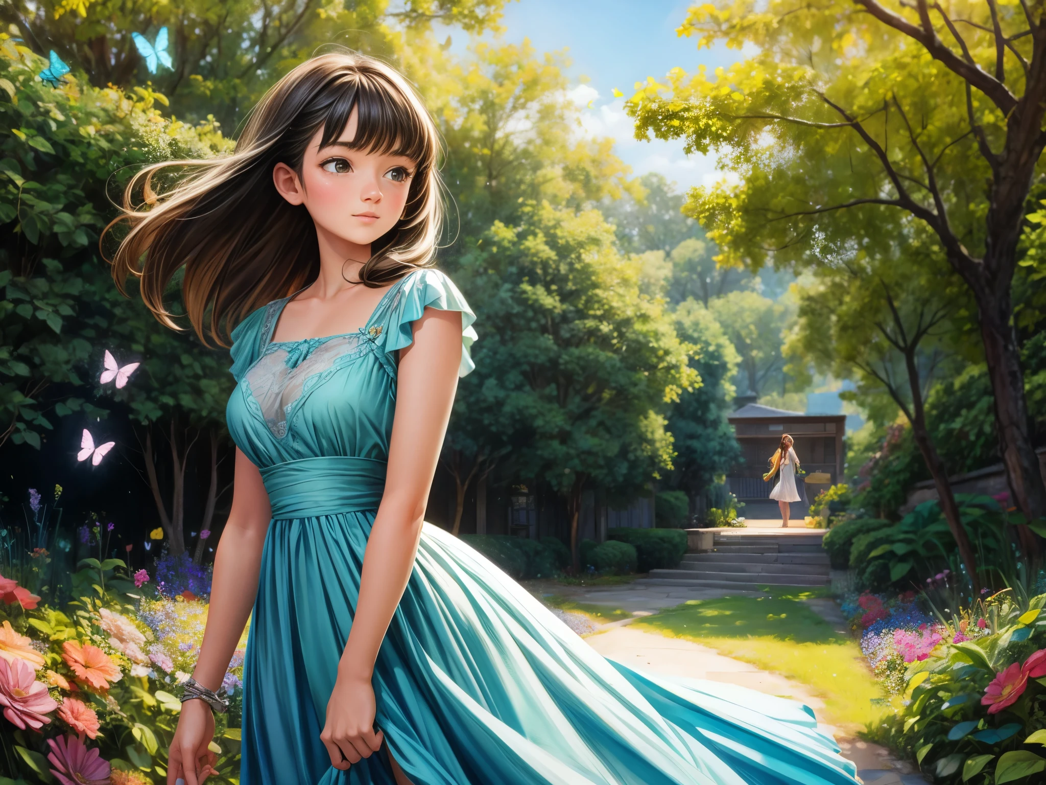 A girl in a garden,medium:oil painting,wearing a flowy dress, surrounded by colorful flowers and butterflies,best quality,realistic:1.37,soft and warm tones,soft sunlight filtering through the trees