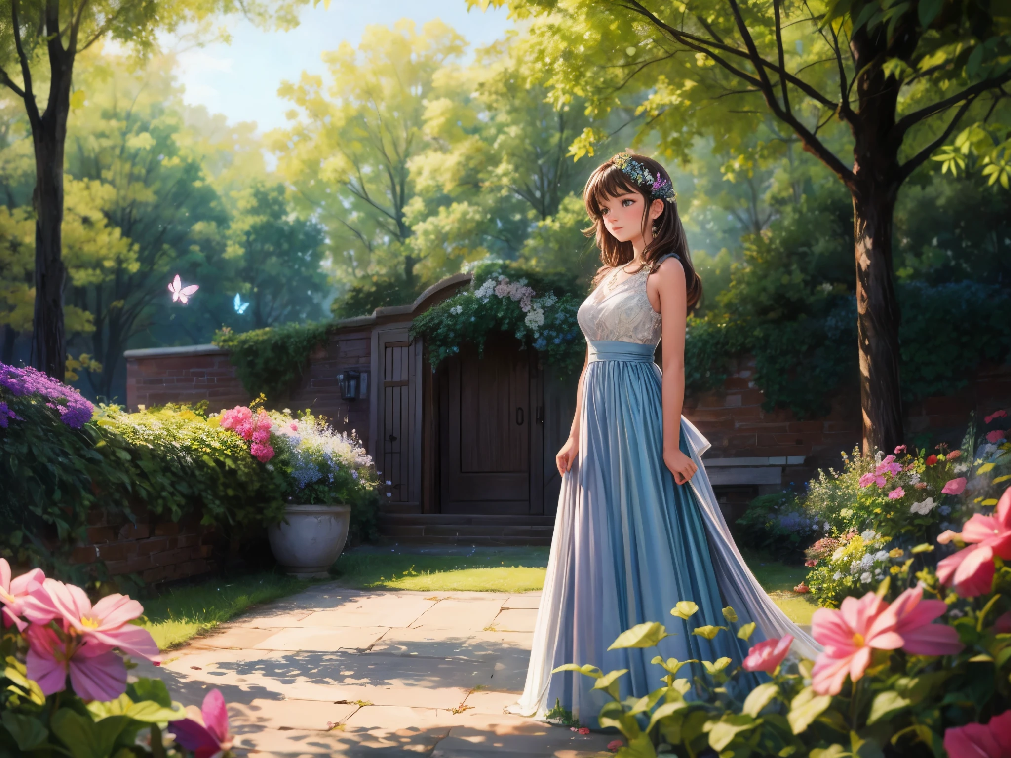 A girl in a garden,medium:oil painting,wearing a flowy dress, surrounded by colorful flowers and butterflies,best quality,realistic:1.37,soft and warm tones,soft sunlight filtering through the trees