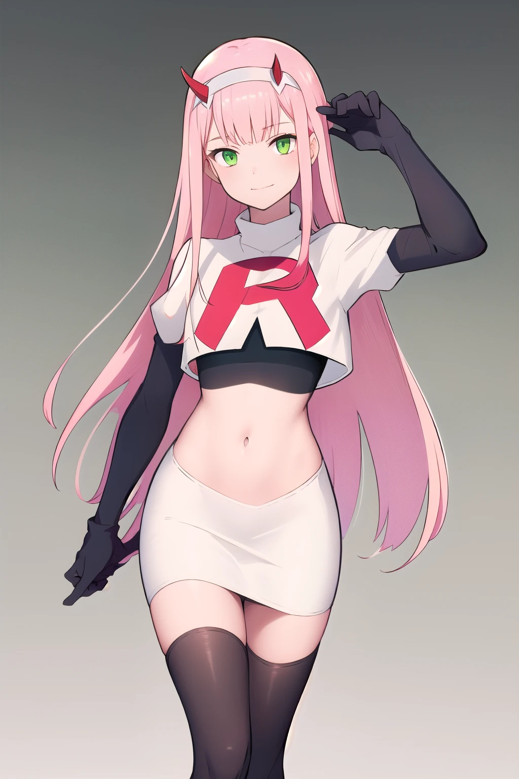 zero two \(darling in the franxx\), darling in the franxx, 1girl, bangs, green eyes, hairband, horns, long hair, looking at viewer, oni horns, pink hair, red horns, solo, team rocket,team rocket uniform,white skirt,red letter R,crop top,black thigh-highs,black elbow gloves, white hairband, ((masterpiece))