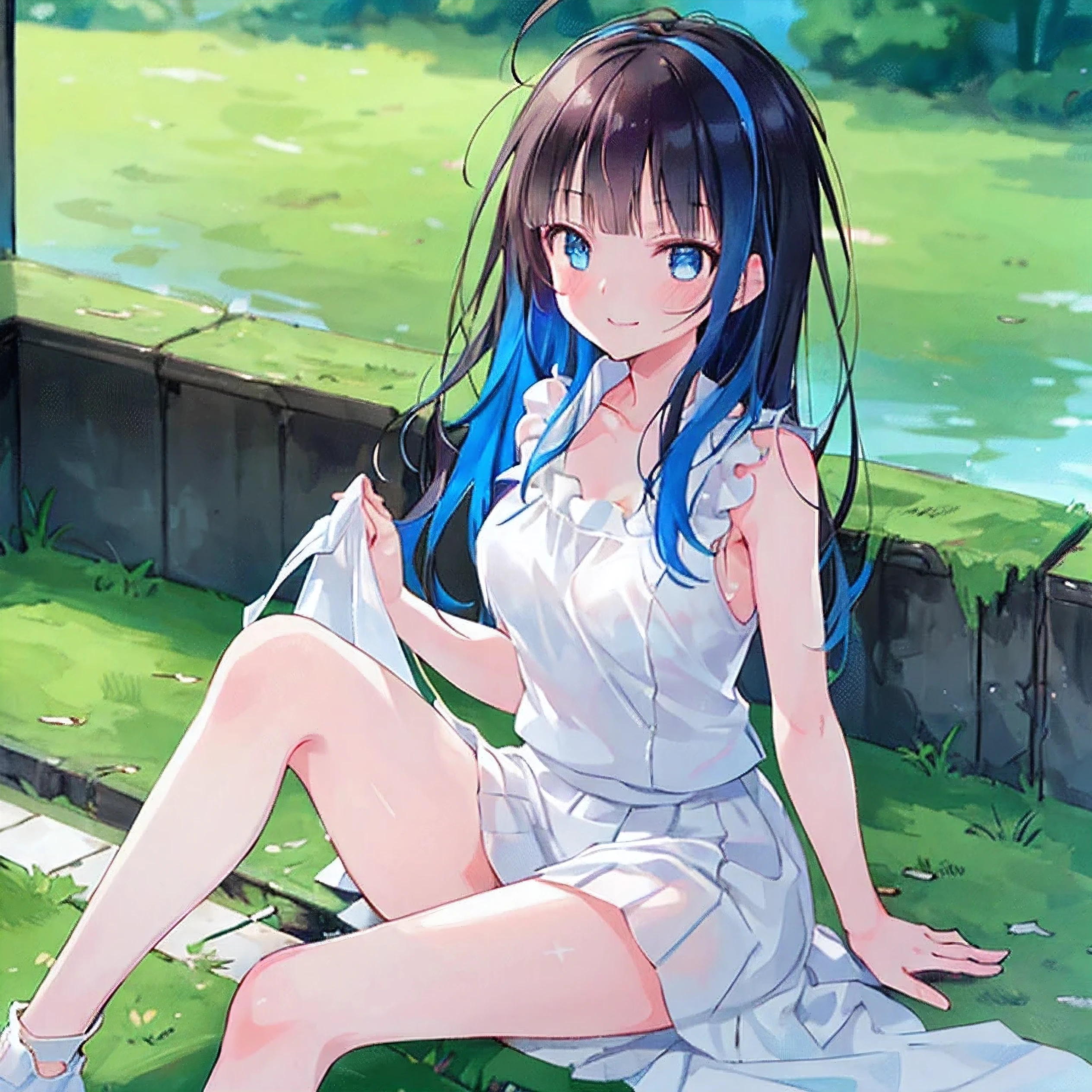 a matter of fact, daytime, sunlight, 1 girl, 8K resolution, blue hair, blue eyes, glowing eyes, white short skirt, Blush, tennis, sleeveless shirt, sunlight, Wet from the rain, seethrough, Sit with your knees raised., pussy, smile, the skirt is lifted up, highest quality, High resolution, highly detailed face, perfect lighting, Very detailed CG, (perfect hands, perfect anatomy), mini yaemori, perfect figure, in love expression, bottomless, armpit, 