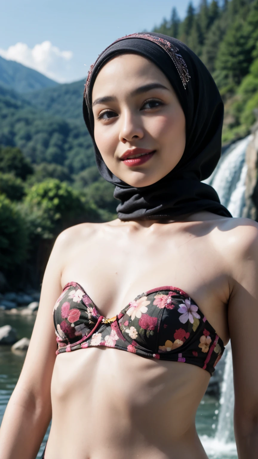 (Happy smile), (((HIJAB MALAY GIRL))), masutepiece, High quality, UHD 32K, Realistic face, Realistic skin feeling , A Japanese Lady, , , Very cute and baby-like face, (((FLAT CHEST))), (MATRIX WORLD), ((look In front at the camera and SADNESS)), ((())), (((CUTE GIRL))), ((MAROON LIPS)), ((Floral Pattern)) little wearing strapless bra, strapless colorful bra, naked at river waterfall , (Flat chest:1.3)