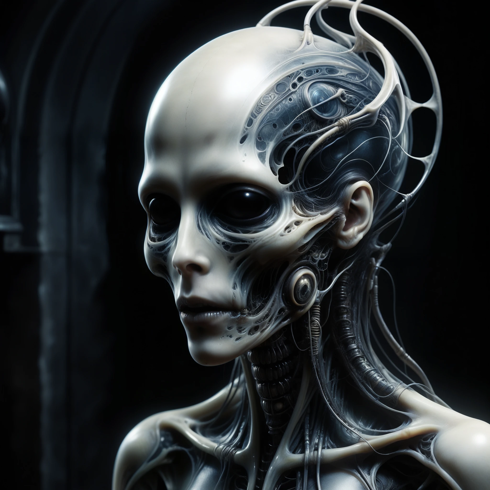 Introduce an eerie twist to the harmony, portraying a haunting scene where AI-generated music takes on a dark and unsettling tone. Draw inspiration from horror artist H.R. Giger for a surreal and chilling atmosphere.