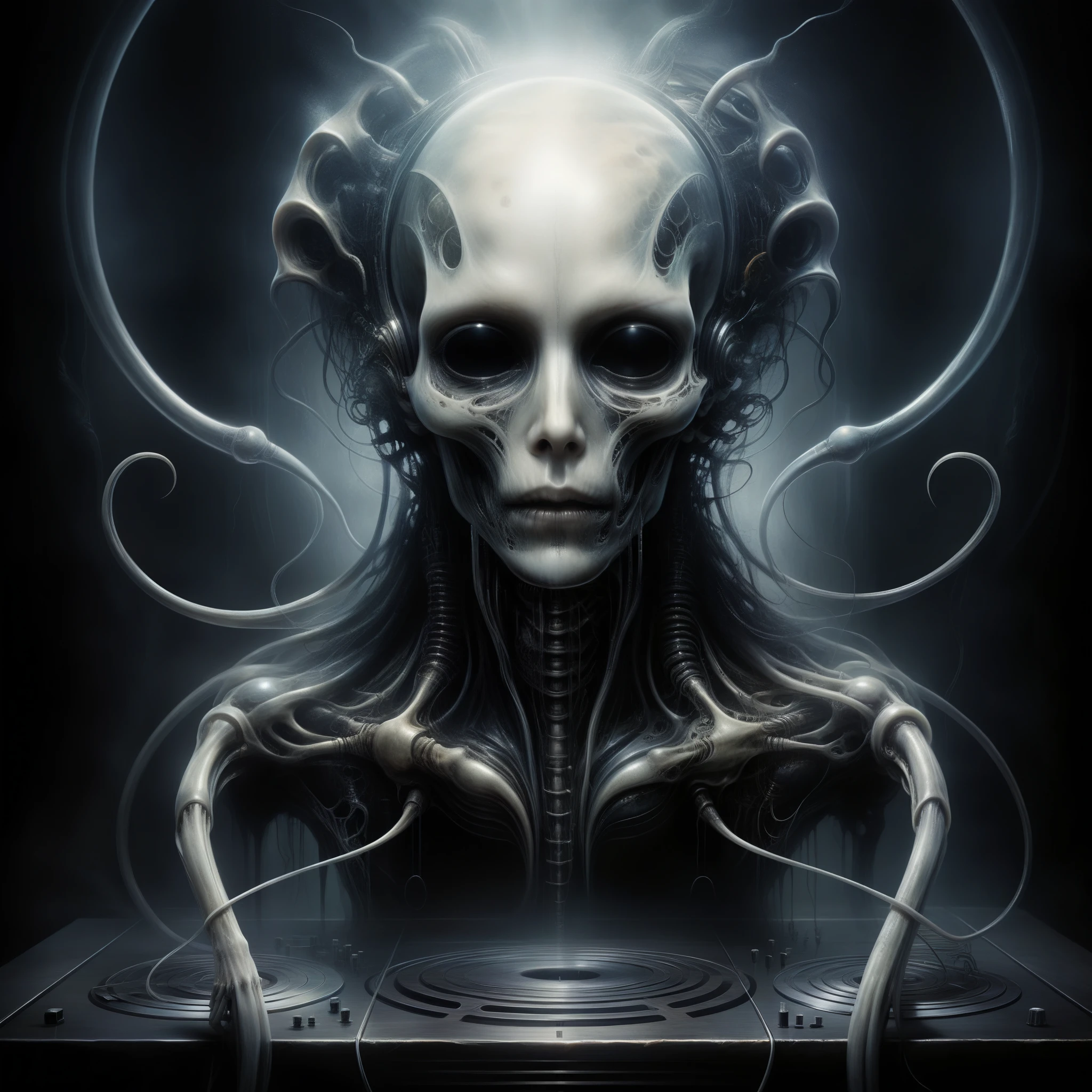 Experience the haunting melody of AI-composed music drifting through a surreal landscape, where twisted, biomechanical forms echo the horrors of H.R. Giger's macabre visions