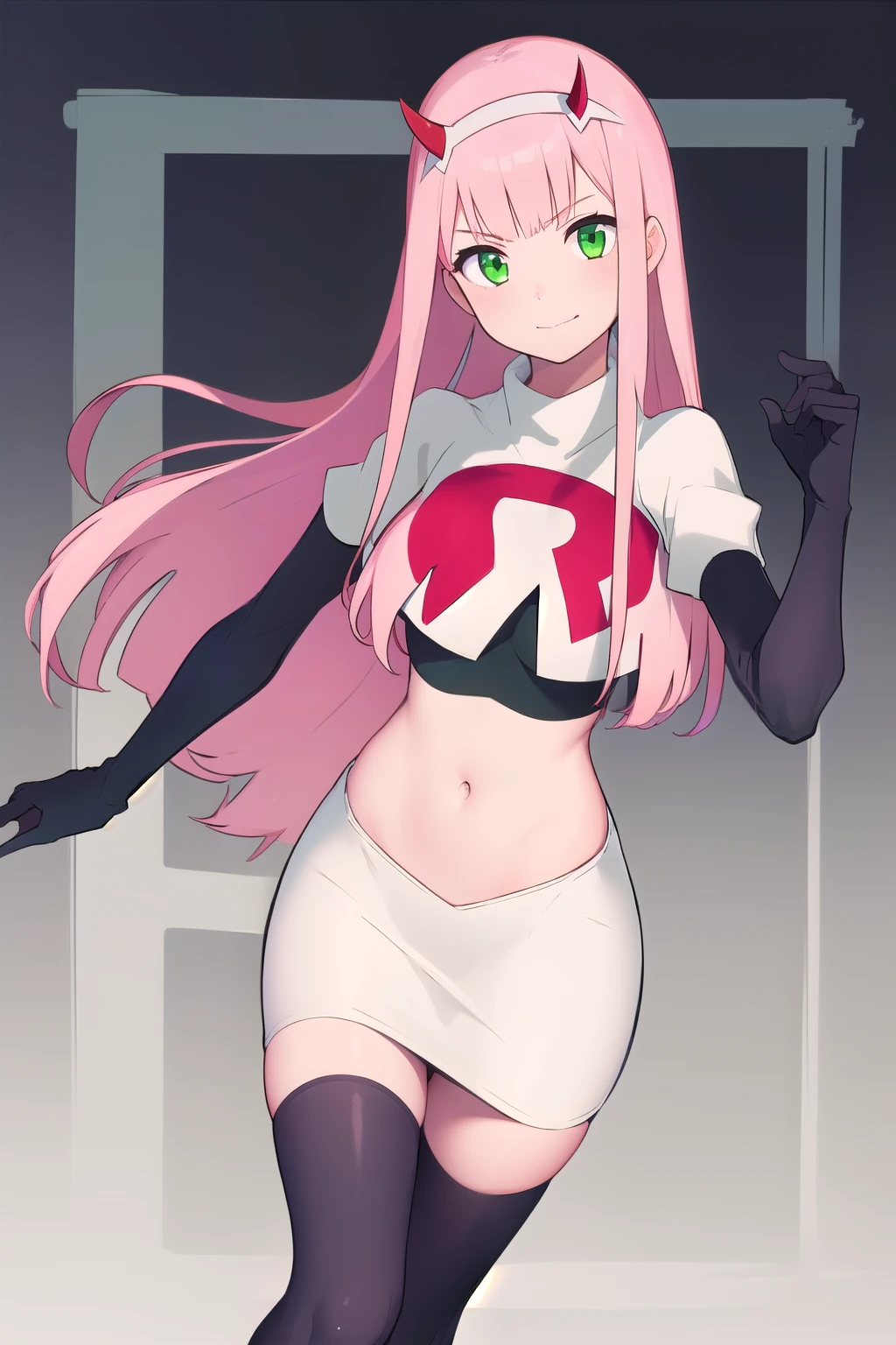 zero two \(darling in the franxx\), darling in the franxx, 1girl, bangs, green eyes, hairband, horns, long hair, looking at viewer, oni horns, pink hair, red horns, solo, team rocket,team rocket uniform,white skirt,red letter R,crop top,black thigh-highs,black elbow gloves, white hairband, ((masterpiece))