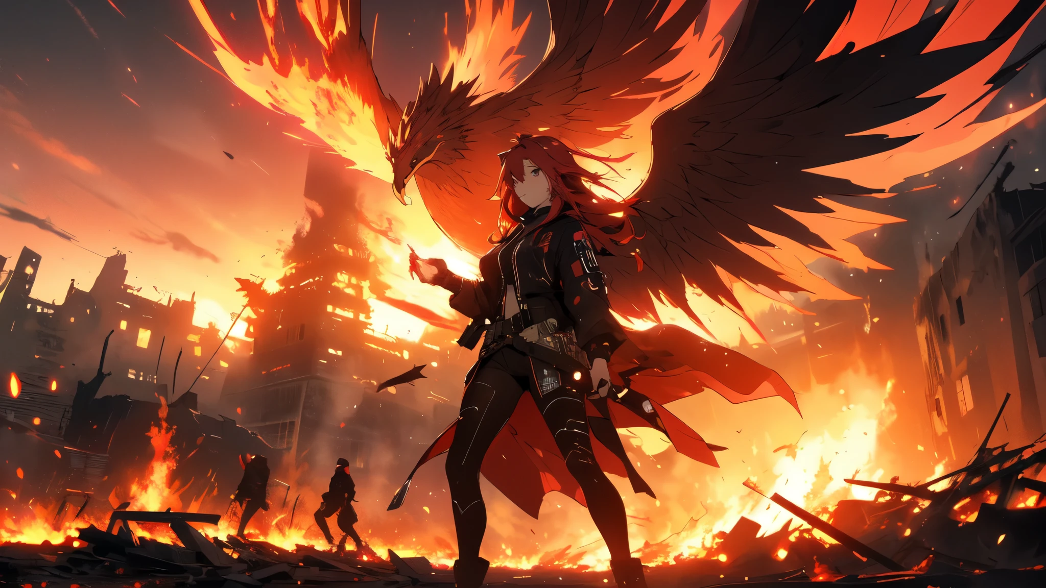 1 beautiful woman with long red hair, rockstar clothes, burning skies and a large phoenix flying in the sky, city in ruins in the background, lighting coming from the flames, very high resolution, very high definition, dynamic composition, intricate details, cinematic vision, image of action