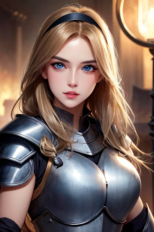 mascara, glowing background lights, 1 grl, full lips, long hair, close up, glowing, surprised, happy surprise, blonde, gorgeous face, blue eyes, hair wind, glowing, steel breastplate, gorgeous hair, rim lighting, steel armor, magical lights, plate armor, light (brown) headband, glowing
