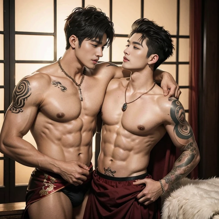 Two  handsome boys kissing, smiling at each other, catching eyes ,hugging, kissing, touching lips, cuddle, romantic,skin ship, Chinese Men God, Mythology, realistic, Chinese odyssy, super Handsome,manly,  kpop idol, handsome korean actor, 20 years old,, detailed face, manly jawline, detailed mess curly styling hair,  Topless, Muscles, big breast Athlete body, Full Frame,full body shoots, Sexy, realistic, human skin, tattoo breast, Professional studio Lighting, long red tibet wedding Outfit, jade and golden pendent all over , detailed jewery in dress, earings,Chinese ancient wedding Background,out door, super detailed background,look at camera ,  open mouth, sexy Underneathe Underwear, tibet Warrior, Hanfu  red wedding dress,  tibet Male, tibet Nobel, Seduce , bare chest , tattoo chest, tattoo arms, tattoo hands, tattoo back, tattoo legs , detailed tattoos, big juicy butts, bare butts