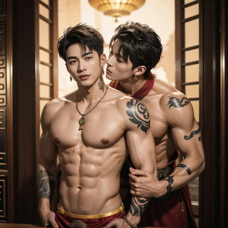 Two handsome boys kissing, smiling at each other, catching eyes ,hugging, kissing, touching lips, cuddle, romantic,skin ship, Chinese Men God, Mythology, realistic, Chinese odyssy, super Handsome,manly, kpop idol, handsome korean actor, 20 years old,, detailed face, manly jawline, detailed mess curly styling hair, Topless, Muscles, big breast Athlete body, Full Frame,full body shoots, Sexy, realistic, human skin, tattoo breast, Professional studio Lighting, long red tibet wedding Outfit, jade and golden pendent all over , detailed jewery in dress, earings,Chinese ancient wedding Background,out door, super detailed background,look at camera , open mouth, sexy Underneathe Underwear, tibet Warrior, Hanfu red wedding dress, tibet Male, tibet Nobel, Seduce , bare chest , tattoo chest, tattoo arms, tattoo hands, tattoo back, tattoo legs , detailed tattoos, big juicy butts, bare butts