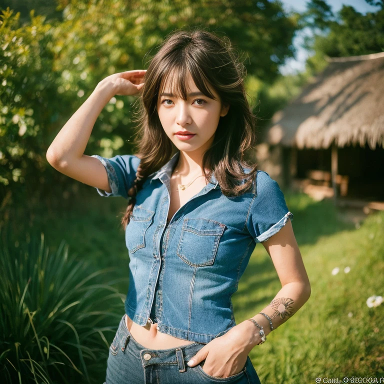((best quality, 8k, Masterpiece :1.3)), Clear face focus :1.2, sexy, Wearing old ripped jeans,) Wear a dark blue shirt. dark red, dark blue Dark, tight, bright colors,) Korean style, girl style. Long hair blows up with the force of the wind.,)  White tattoo 25 years. perfect body beauty:1.4. In front of the camera. More intimate. clearer than this, countryside,) There is an old, thatched hut.,) There are red flowers around.,) Sunlight shines brightly in the evening, the sun is about to set, glistening °Full Body°, Highly detailed faces and textures, Detailed eyes,  alone, Realistic photos:1.37 .. The fine texture of the tattooed skin.. hand tattoo. breasts tattoo , Shot with a high quality Fuji camera., Color light 45.,000,000 pixels ,)) Too realistic,) 