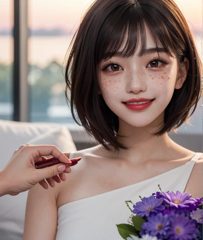 1 girl, 23 years old, south korean, idol, masterpiece, perfect face, soft skin, freckles under eyes, short whavy brown hair, bowlcut hair, shining bright purple eyes, red eyeliners, red lips, big smile, closed mouth, touching cheeck, natural makeup, soft lighting, bright colors, sunset background, face focus, face closeup.