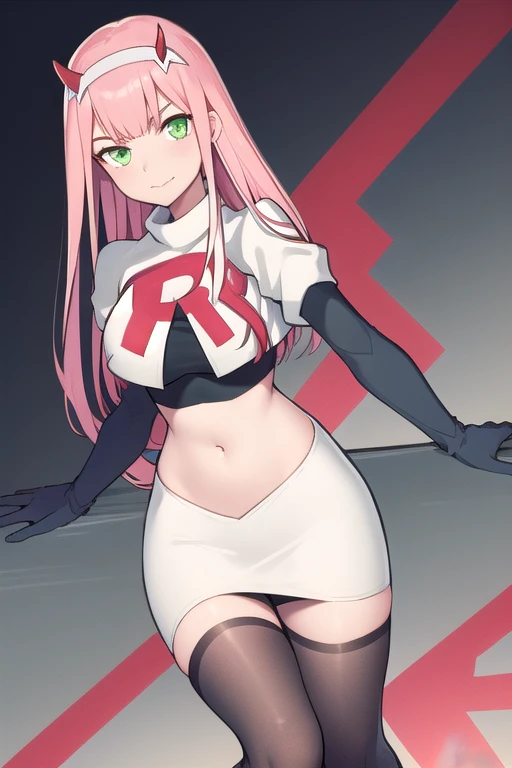 zero two \(darling in the franxx\), darling in the franxx, 1girl, bangs, green eyes, hairband, horns, long hair, looking at viewer, oni horns, pink hair, red horns, solo, team rocket,team rocket uniform,white skirt,red letter R,crop top,black thigh-highs,black elbow gloves, white hairband, ((masterpiece))