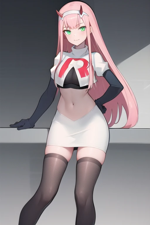 ((masterpiece, best quality)),8k ,Yae miko,1girl, \n/, animal ears, breasts, earrings, flower, fox ears, gem, hair between eyes, hair ornament, jewelry, long hair, medium breasts, miko, pink eyes, pink flower, pink hair, purple gemstone, sidelocks,team rocket,team rocket uniform,white skirt,red letter R,crop top,black thigh-highs,black elbow gloves