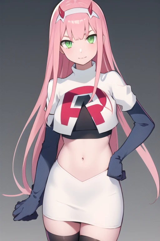 zero two \(darling in the franxx\), darling in the franxx, 1girl, bangs, green eyes, hairband, horns, long hair, looking at viewer, oni horns, pink hair, red horns, solo, team rocket,team rocket uniform,white skirt,red letter R,crop top,black thigh-highs,black elbow gloves, white hairband, ((masterpiece))