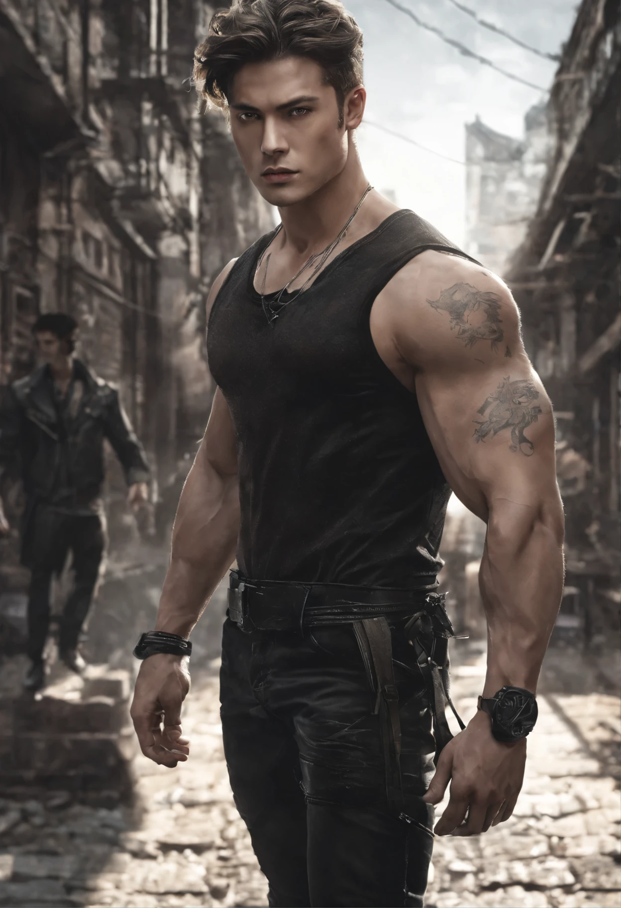 (best quality, HDR, ultra-detailed, realistic: 2.0), (best quality, HDR, ultra-detailed, realistic:2.0), wearing cybernetic attire, muscular and athletic physique, extremely large, hair like Goku's Super Saiyadin, wearing cybernetic suit, muscular and athletic physique, full profile, full body, wearing jeans and shoes, adventure model boots, short hair, warrior, barbarian, chest and abdomen visible, cyberpunk style, vibrant colors, intense lighting, walking on the streets of New York, showing buildings and people in the background, realistic, real photo, with a green bag on the shoulder, beautiful model and vibrant colors, wearing cybernetic attire, muscular and athletic physique, extremely large, hair like Goku's Super Saiyan,wearing cybernetic suit, muscular and athletic physique, full profile, full body, wearing jeans and shoes, adventure model boots, short hair, warrior, barbarian, chest and abdomen visible, cyberpunk style, vibrant colors, intense lighting, walking on the streets of New York, showing buildings and people in the background, realistic, real photo, with a green bag on the shoulder, beautiful model...
