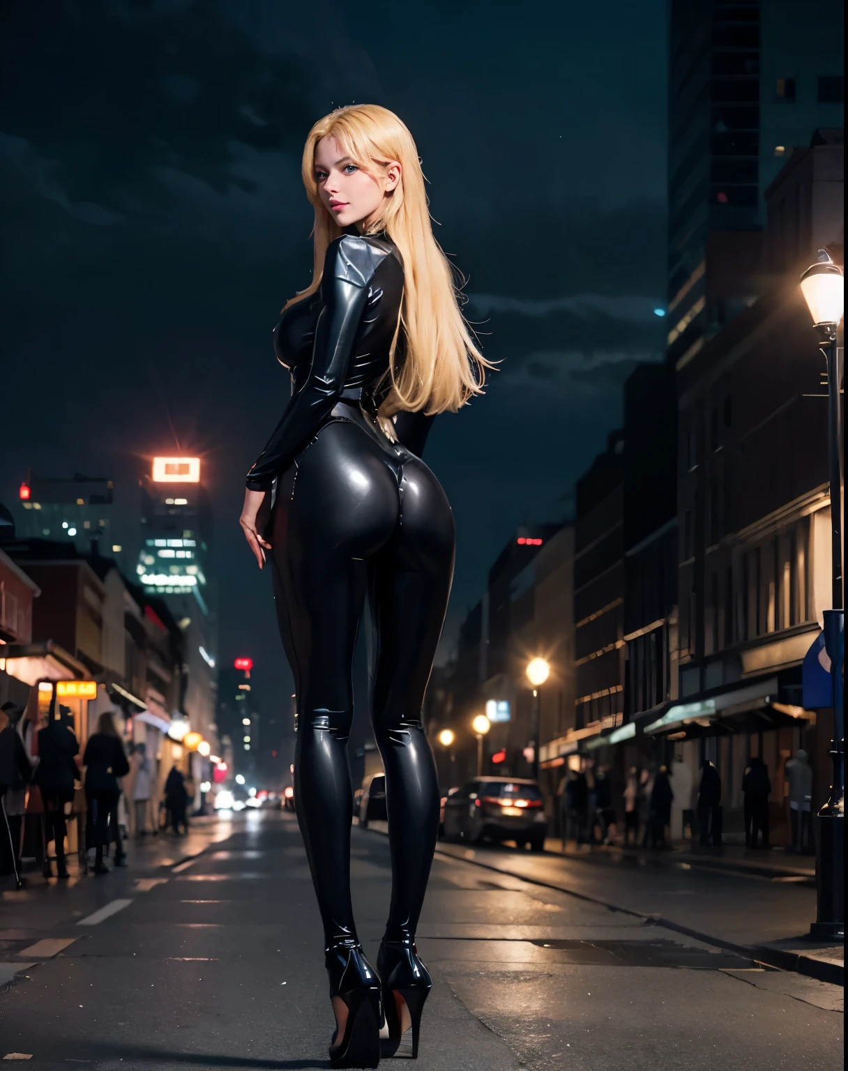 1girl, (Blue Eyes), (smiling :1.2), (Sana Minatozaki), wide hips, Big tits, big ass, (thin waist: 1.2), (long legs :1.1), (thick and toned thighs), (Best Quality, 8k, Masterpiece: 1.3), Clear Focus: 1.2, Perfect Body Beauty: 1.4, strong abs, Highly detailed face and skin texture, detailed eyes, double eyelids, (blond long straight hair :1.2), sp3ndex, (black spandex :1.2), (full bodysuit :1.3), (high heels :1.2), standing, look back, view from back, in a city at night, buildings in the background, illuminated signs