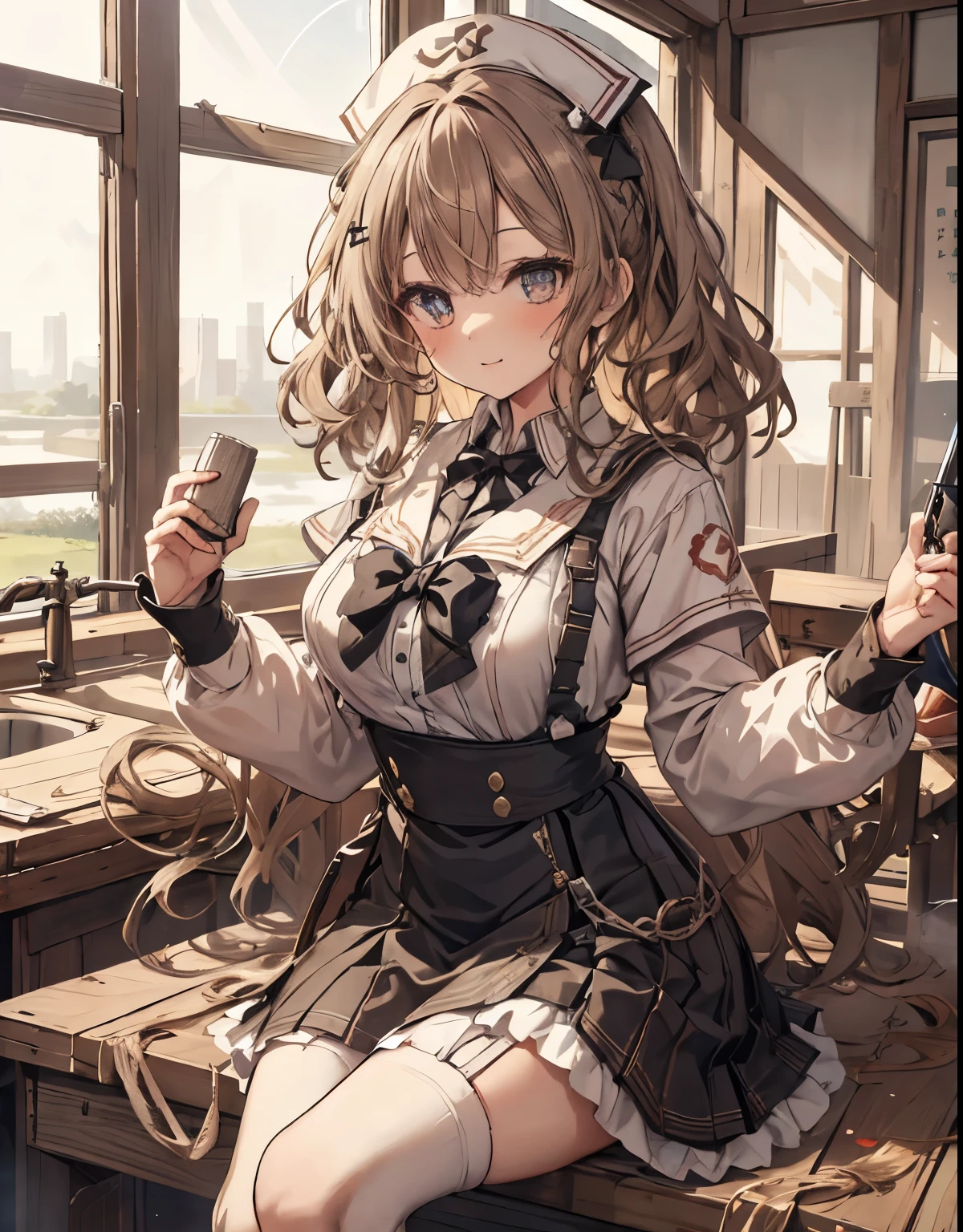 masterpiece, 1girl, sparrow, a light brown haired girl, wearing a sailor clothes, curly medium hair, messy hair, slim body, he close her left eye, shirt ornament, ruby eyes, ahoge, baby face, bige breast, beautiful breasts, rounded breasts, long sleeves, beautiful eyes, white stocking, droopy eyes, skirt, black skirt, plaid skirt, her age is 19 years old, ricefield, bowtie, sailor collar, flared skirt, tight shirt, skirt, nagisa_bluearchive, lovely face, medium hair, lovely smile, curly hair, nurse cap, sit 