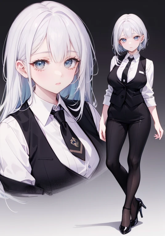 ((Perfect Face)),Purple Hair,Semi-long hair,1 female,bartender,,Black vest,tie,High heels,,((Simple light color background)),((smile)),((whole body)),((whole body)),Portraiture,virtual,upright,