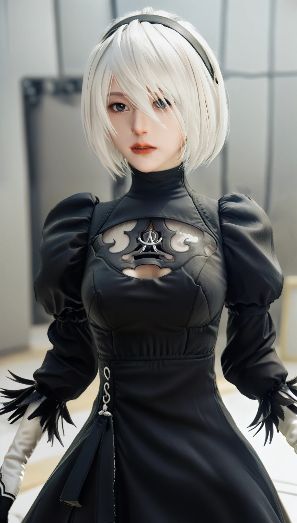 RealのSelfie、nier:Beautiful cosplay of 2B from Automata、2B takes a selfie、2Bのコスプレをした女性のSelfie、White skin、tall、Great style、Big Breasts、Small face、Small head、High nose、Beautiful Face、30 years old、British women、Half British、nier:2B's black costume from Automata、Stylish background、Light background、Blur the background、Fantasyな都市を背景に、peace sign、((2BのSelfie))、((Focus Zoom))、((Face Enhancement))、Shooting from a diagonal angle、masterpiece、highest quality、high resolution、コスプレイヤーのSelfie、Selfie、Professional Photoodel、Fantasy、Glaring at the audience、Angry expression、Cosplay Makeup、Real Cosplay Photo、Cool and beautiful photos、Wrapped in a pale white glow、good looking